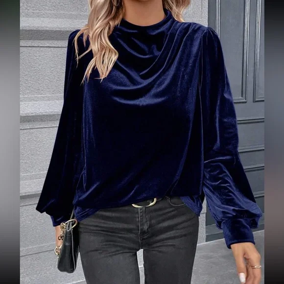 Luxe navy blue draped velvet top - Picture 2 of 16